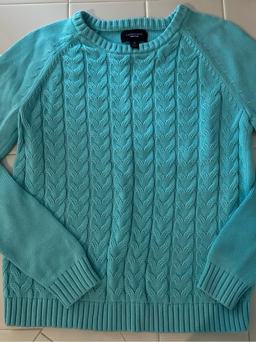 Lands' End Women's Cable Knit Crewneck Sweater - Turquoise 100% cotton